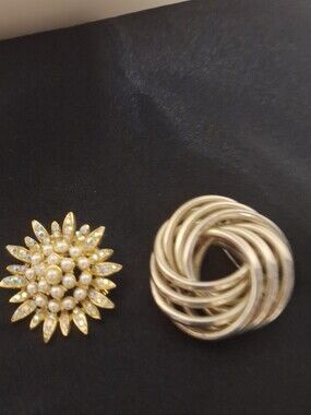 Gold-Tone Pearl Sunburst Brooch and Interlocking  Silver Ring Brooch ( Two)